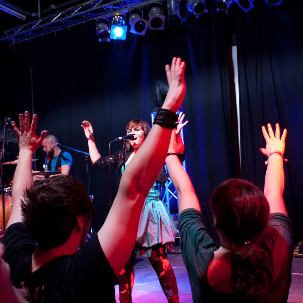 The singer raising her hands, seen through the crowd raising their hands