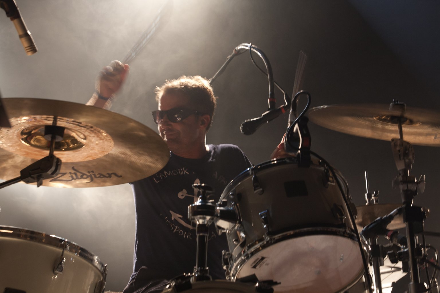The Ting Tings' drummer is about to smash a cymbal pretty hard