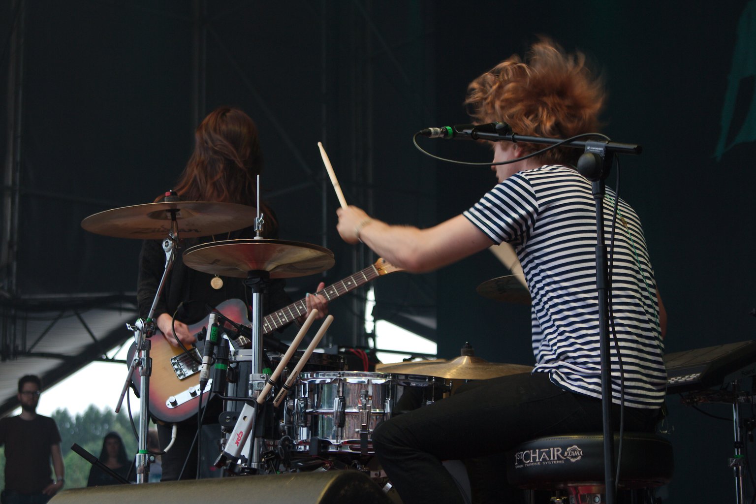 Blood Red Shoes' drummer Steven Ansell and guitarist Laura-Mary Carter both have their hair flying around from fast movement