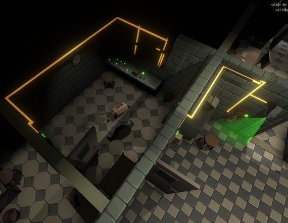 A screenshot of Labodytory. Isometric view, a rather dark setting but the lights of a surveillance motion sensor, activated puzzle items and a computer console are bright and colorful. A low-poly style body is floating in one of the rooms, it is missing its head.